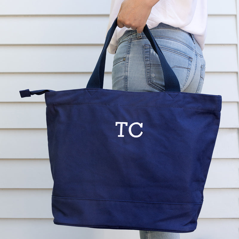 Customised Embroidered Name Navy Shopping Toe Bag