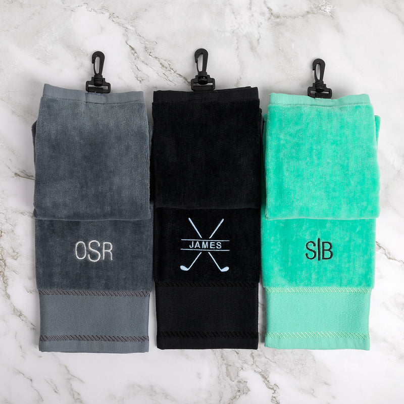 Personalised golf towels with embroidered initials and metal clip