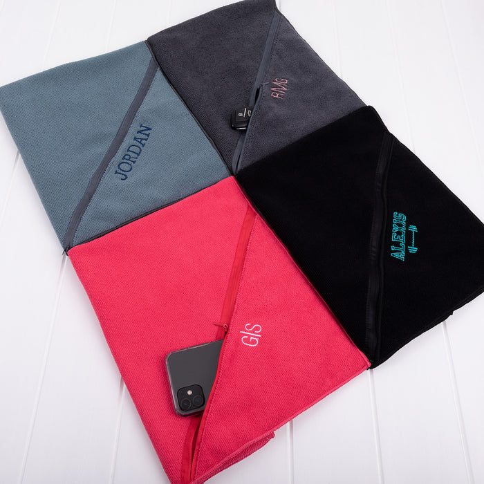 Personalised gym towel with name embroidery in black, charcoal, steel blue and watermelon