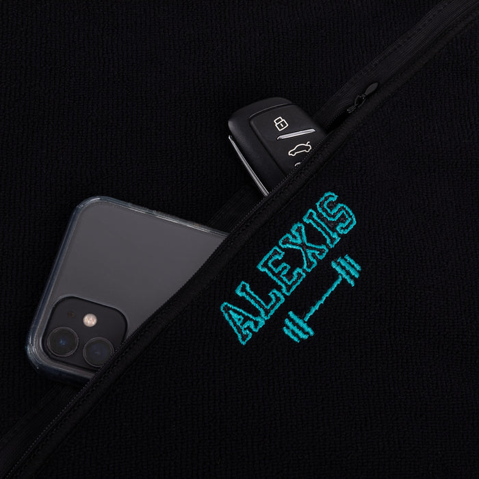Black personalised gym towel with embroidered name and zip pocket