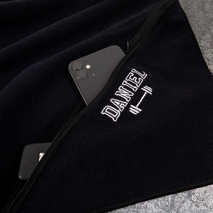 Embroidered Black Gym Towel with Zip Pocket