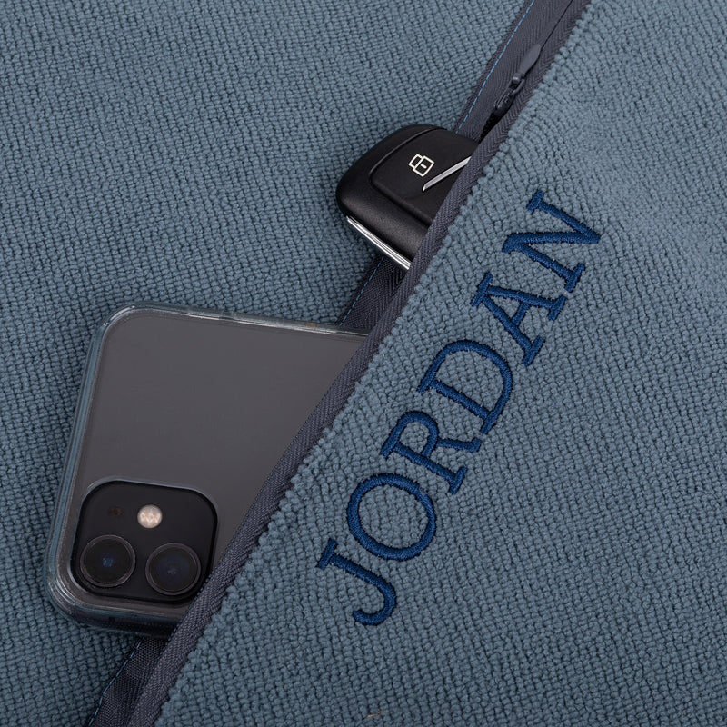 Steel blue microfibre gym towel with personalised embroidery and zip pocket