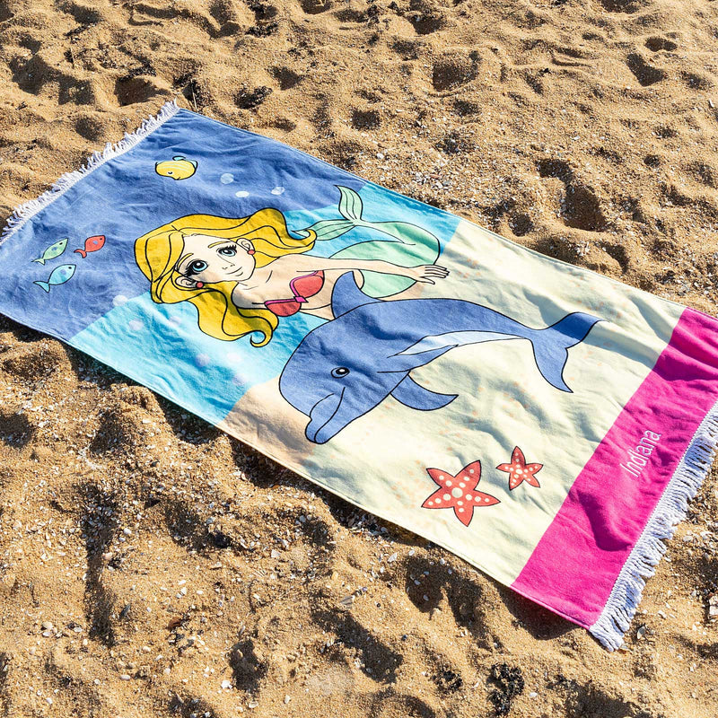 Custom Embroidered Girls Name Pink Mermaid and Dolphin Beach Towel