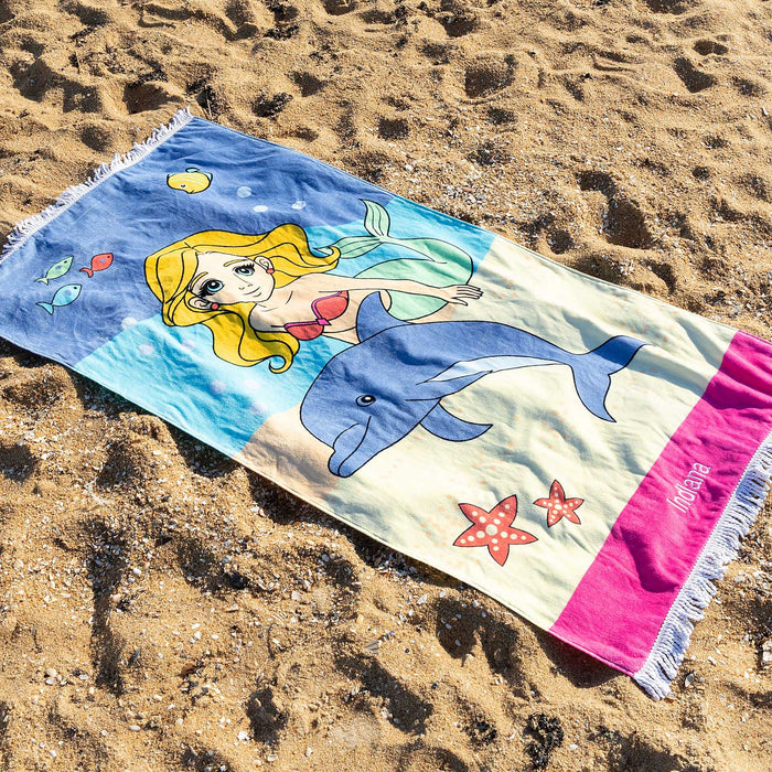 Custom Embroidered Girls Name Pink Mermaid and Dolphin Beach Towel