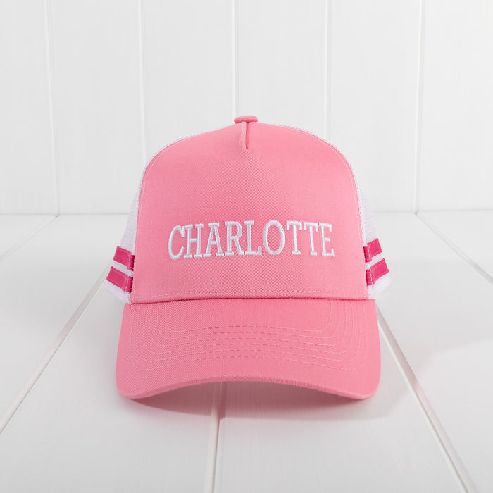 Custom Kids Name Pink and White Trucker School Hat