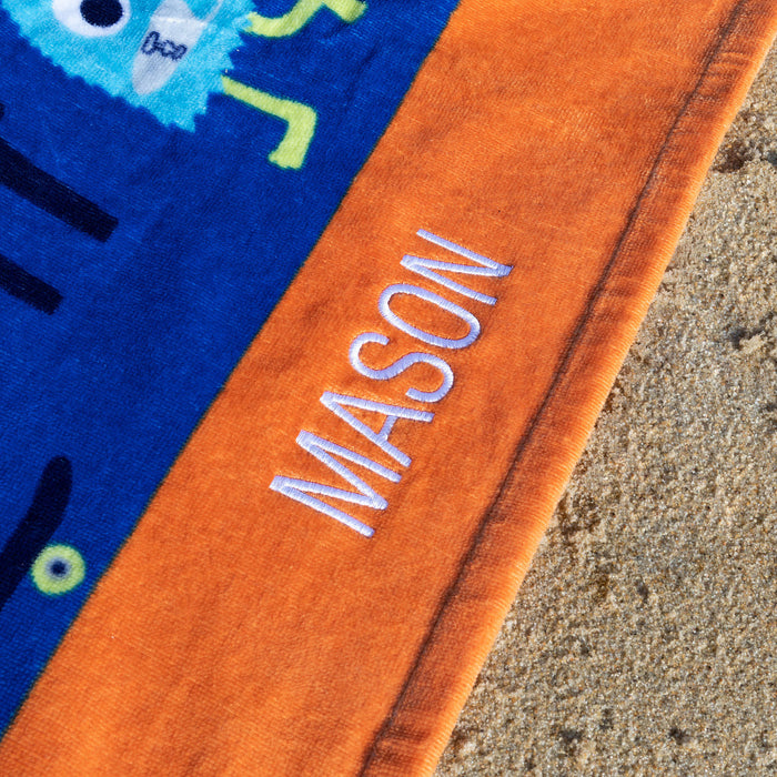 Personalised Boy's name Blue Orange Monster Beach Towel