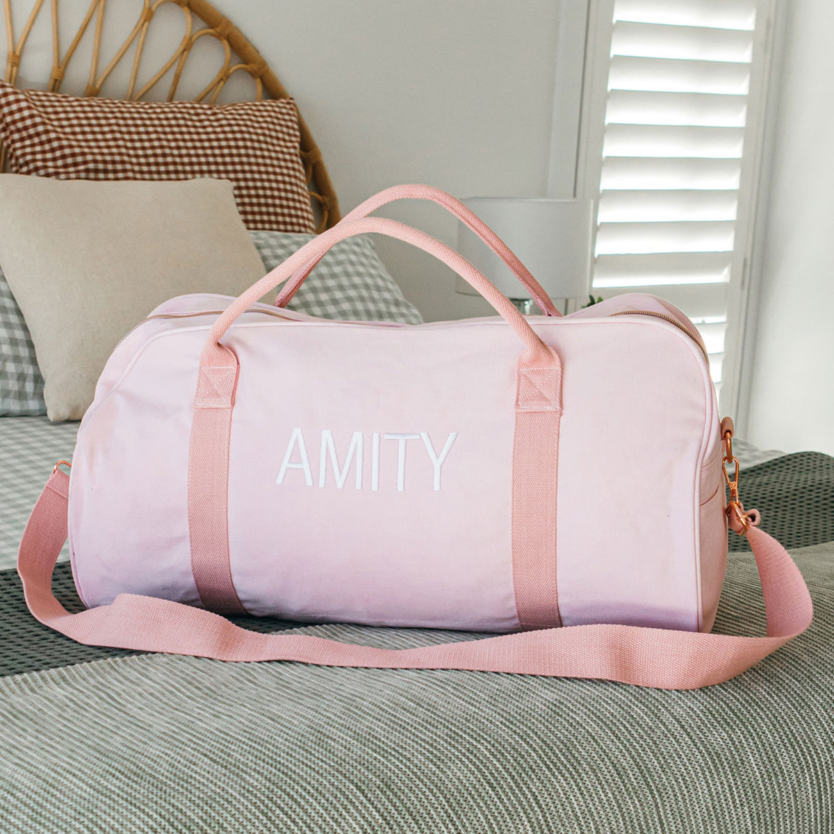 Embroidered Blush Pink Canvas Duffle Bag Personalised Favours