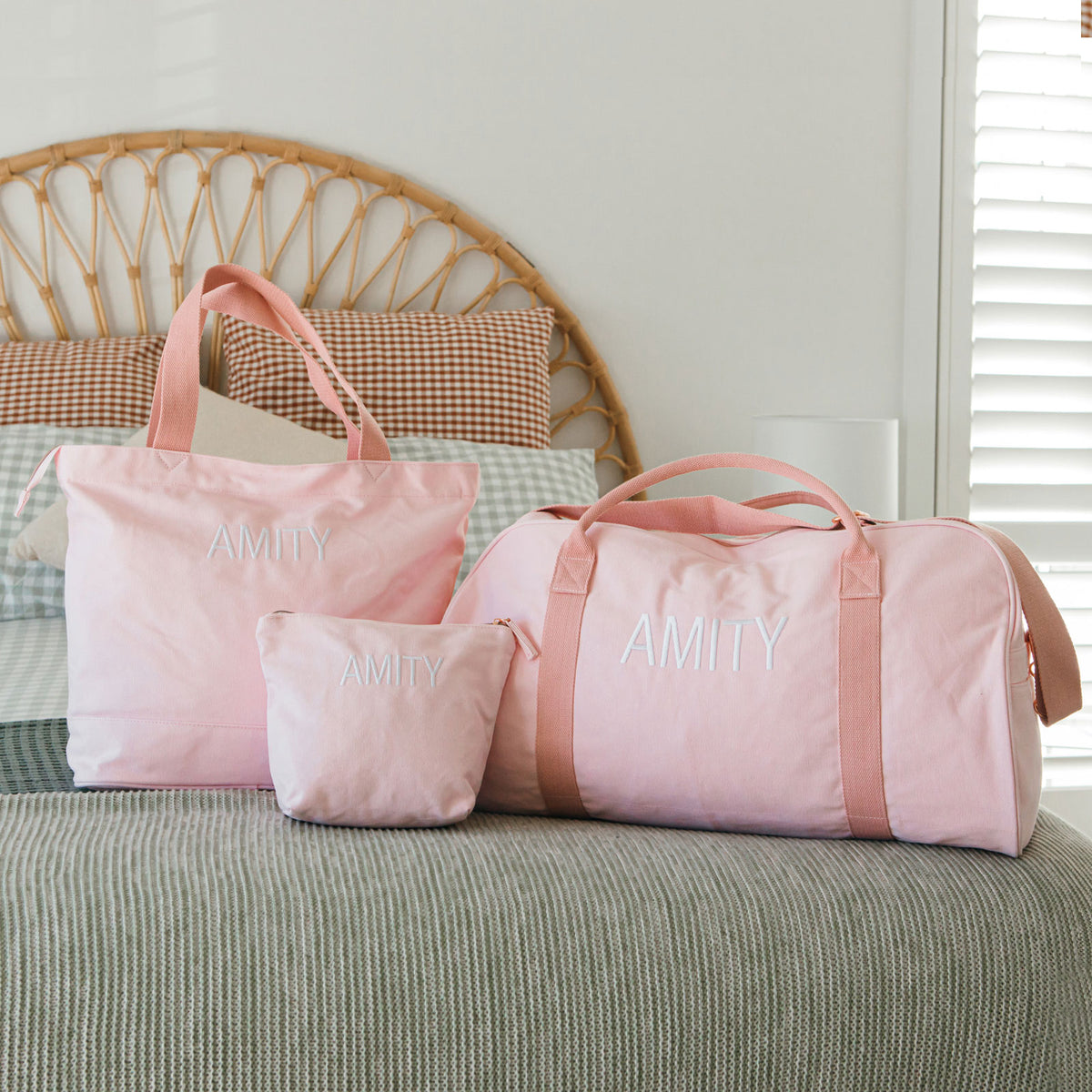 Embroidered Blush Pink Canvas 3 Piece Travel Bag Set Personalised Favours
