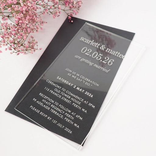 Personalised engraved 11B rectangle vertical clear wedding invitations