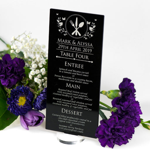 Personalised engraved black acrylic wedding reception guest menu