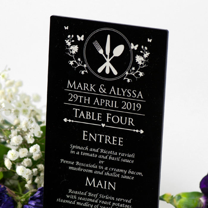 Personalised engraved black acrylic wedding reception guest menu