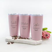 Personalised 590ml travel mugs for bridesmaids and groomsmen, engraved wedding party gifts
