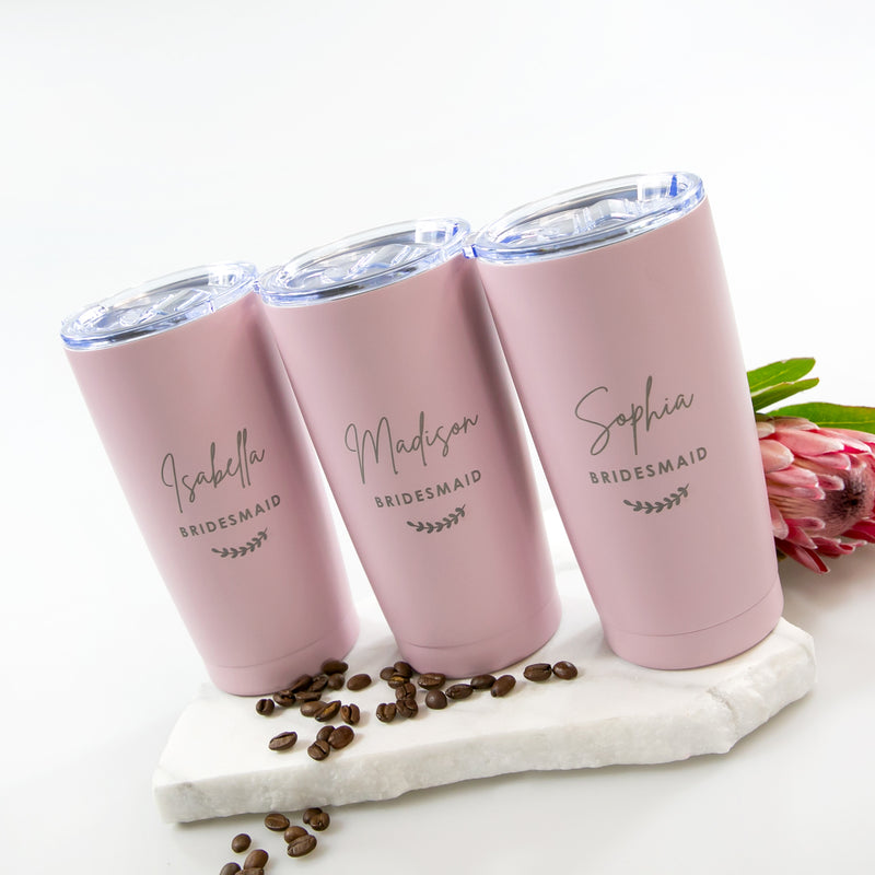 Custom bridal party travel mugs in white, black, mint and rose with metallic silver engraving