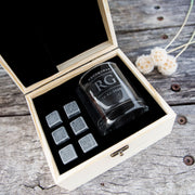 Custom Designed Engraved Groomsman Scotch Glass and Whiskey Stone in wooden presentation Box