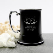 Matte black personalised beer mug with silver engraving for Buck’s Party gift