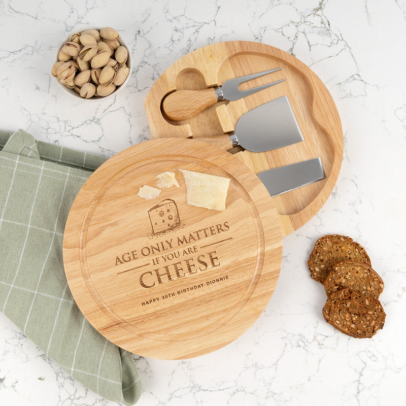 Personalised wooden cheese knife set engraved for a birthday gift with hidden three piece serving tools