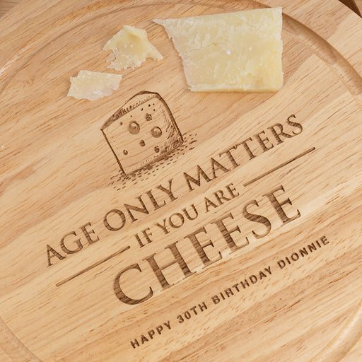 Engraved natural wood cheese board birthday present with custom name and concealed cheese knives