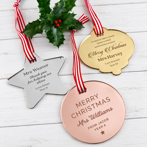 Personalised teacher Christmas decoration available in mirror gold, silver and rose gold acrylic.