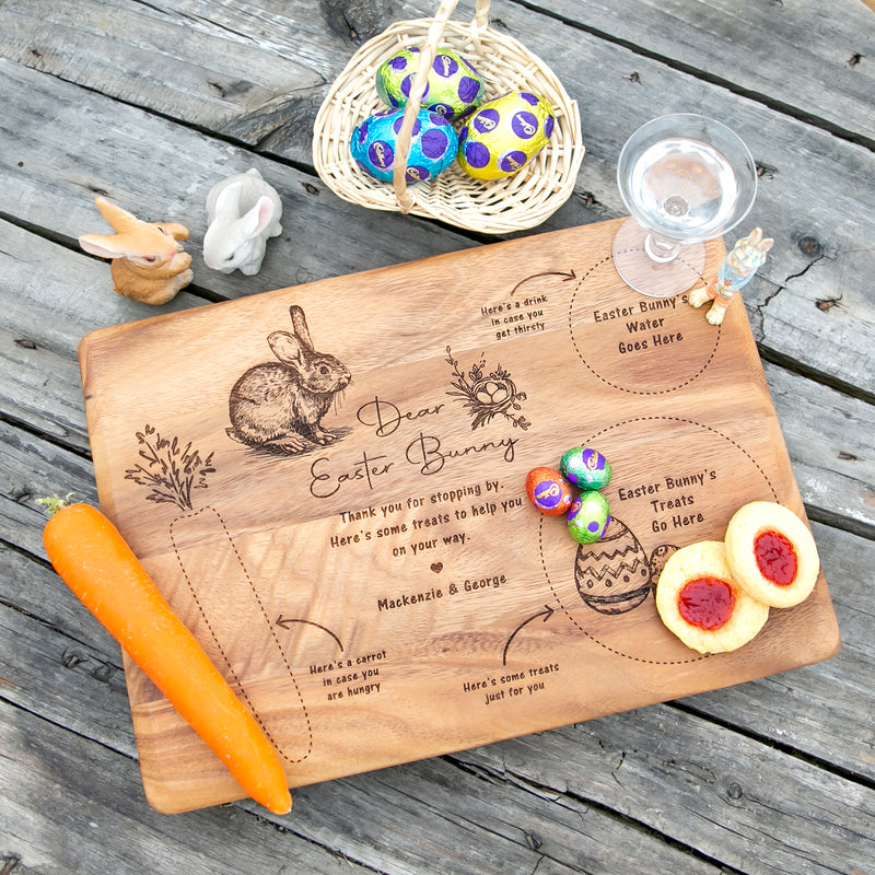 Personalised walnut Easter Bunny board with custom child’s name and treat placement design