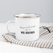 Personalised enamel teacher mug with silver rim – end of year gift idea.