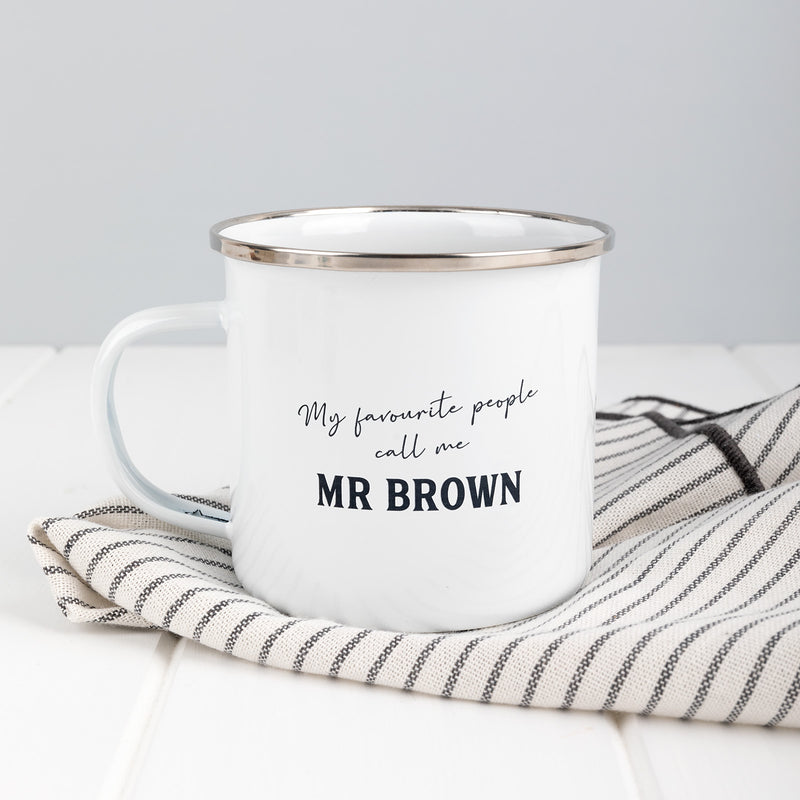 Personalised enamel teacher mug with silver rim – end of year gift idea.