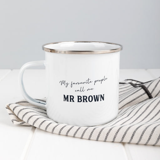 Personalised enamel teacher mug with silver rim – end of year gift idea.