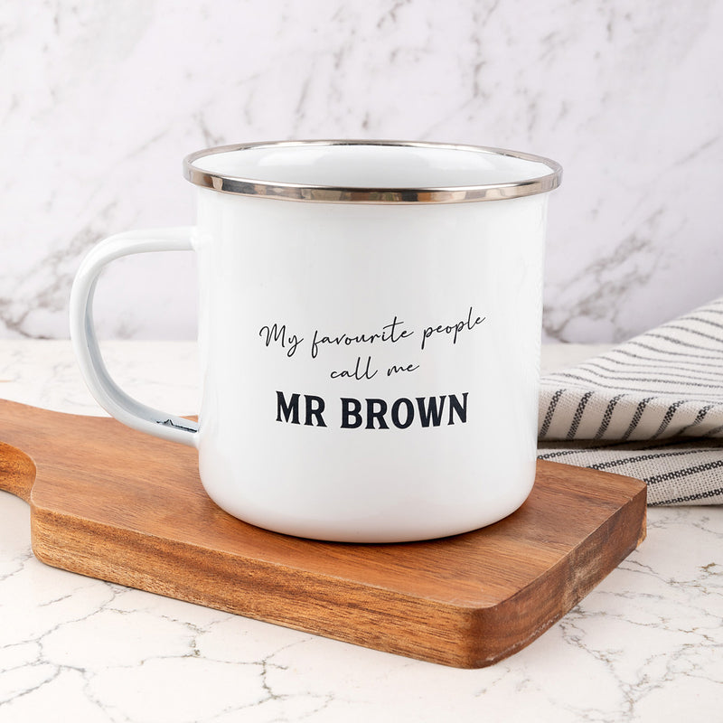 White enamel mug with black engraving – unique teacher Christmas gift.