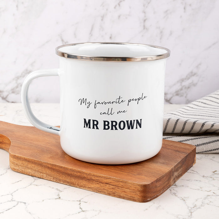 White enamel mug with black engraving – unique teacher Christmas gift.