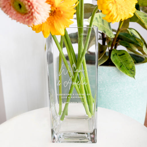 Engraved Square Flower Glass Vase Wedding Gift