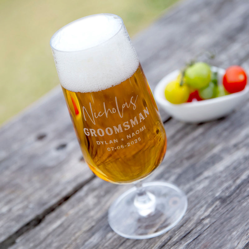Customised Engraved Name Groomsman, Best Man, Groom, Bridal Party Stemmed Beer Glass