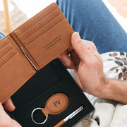 Customised Engraved Christmas Tan Leather Gift Set that includes Pen, Keyring & Wallet Present
