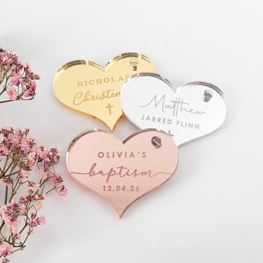 Personalised Engraved Silver, Gold & Rose Gold Acrylic "Heart" Christening, Baby Shower, Naming Day & Christening Gift Tags 