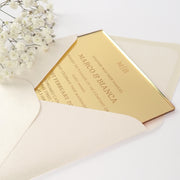 Custom Artwork Engraved Bride and Groom Wedding Mirror Gold Invitations