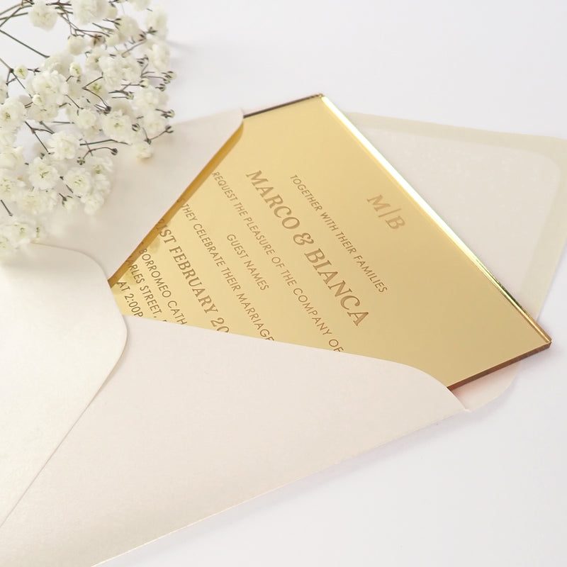 Custom Artwork Engraved Bride and Groom Wedding Mirror Gold Invitations