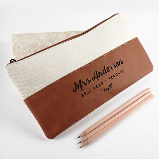 Personalised Engraved Name White Tan Leatherette Teacher Pencil Case
