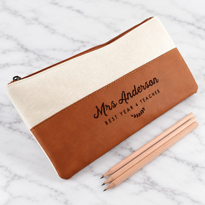 Personalised tan leatherette teacher pencil case engraved with custom name and design.