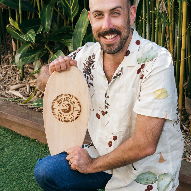 Custom Designed Engraved Wooden Mini Surfboard with easel Father's Day present
