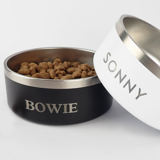Customised Engraved Pet's Name White & Black Stainless Steel Round Pet Bowl