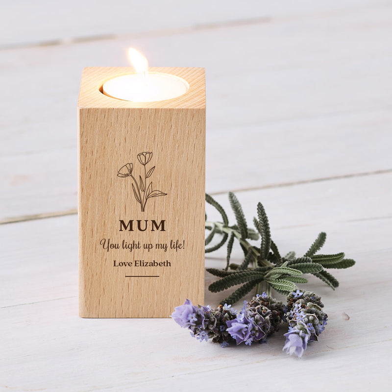 Unique Mother’s Day gift – personalised wooden tealight holder with engraved message for Mum.