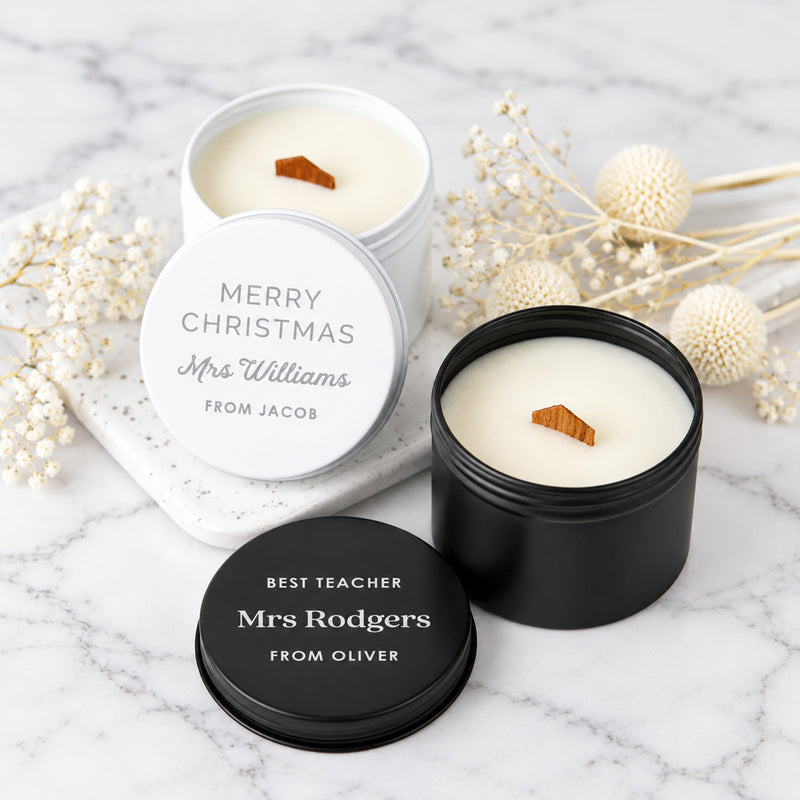 Personalised soy candle teacher gift with engraved lid, wood wick and black raspberry vanilla fragrance.