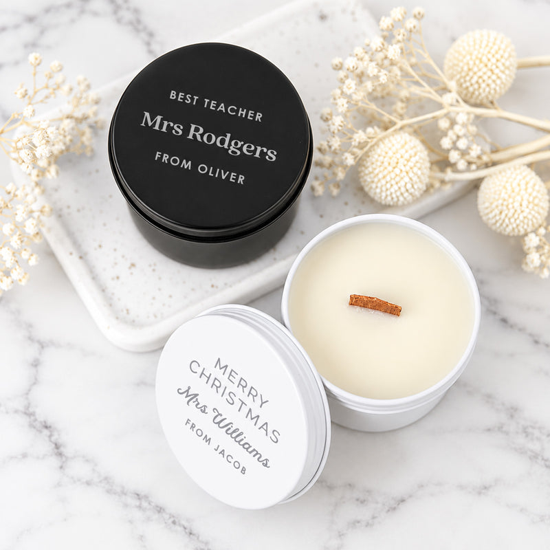 Engraved teacher candle in black or white tin, personalised with a special thank you message.