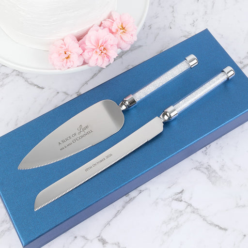 Engraved wedding cake knife set with silver crystal handles, personalised with names and date.