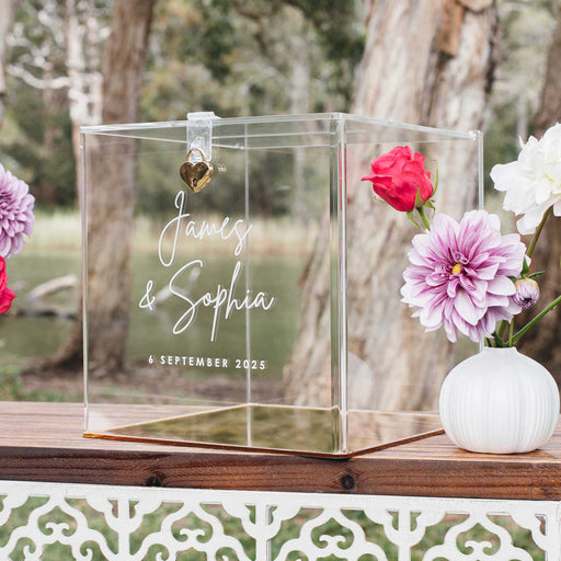 Customised Engraved Bride Groom's Names and wedding Date Acrylic Wishing Well Box with Mirror Gold