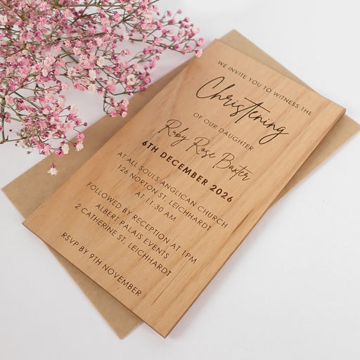 Personalised Engraved 11B Engraved Wooden Christening Invitations