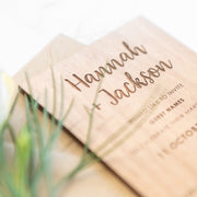 Custom designed laser cut and engraved 11B vertical wooden wedding invitation