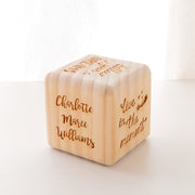 Nursery-safe wooden block with rounded edges and custom engraved boho design for newborn gift