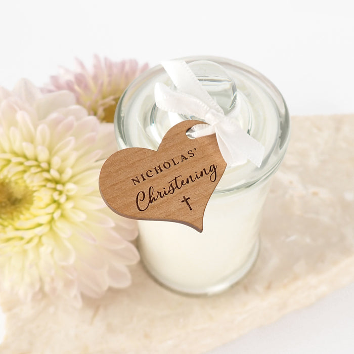 Baptism Candle With Customised Engraved Name Wooden Gift Heart Tag