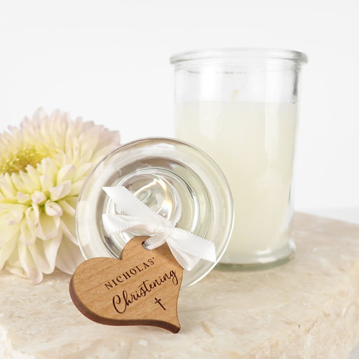 Personalised Engraved Wooden Heart Gift Tag With Christening Candle