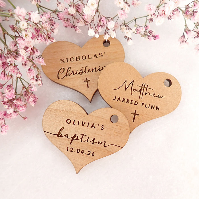 Custom Artwork Engraved Name Christening Wooden Heart Gift Tags