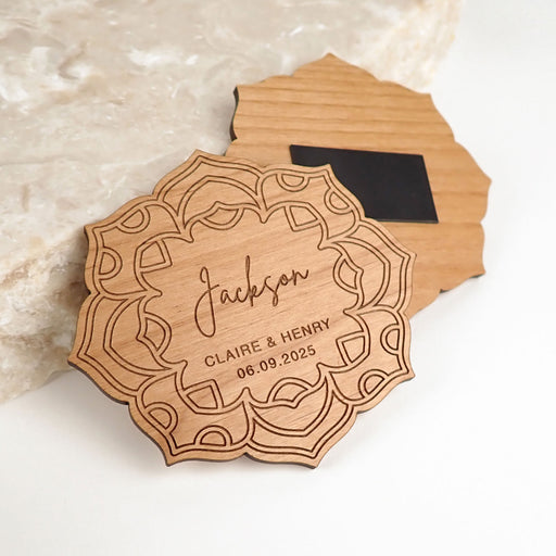 Personalised Engraved Wooden Flower Wedding Reception Placecard with Magnet